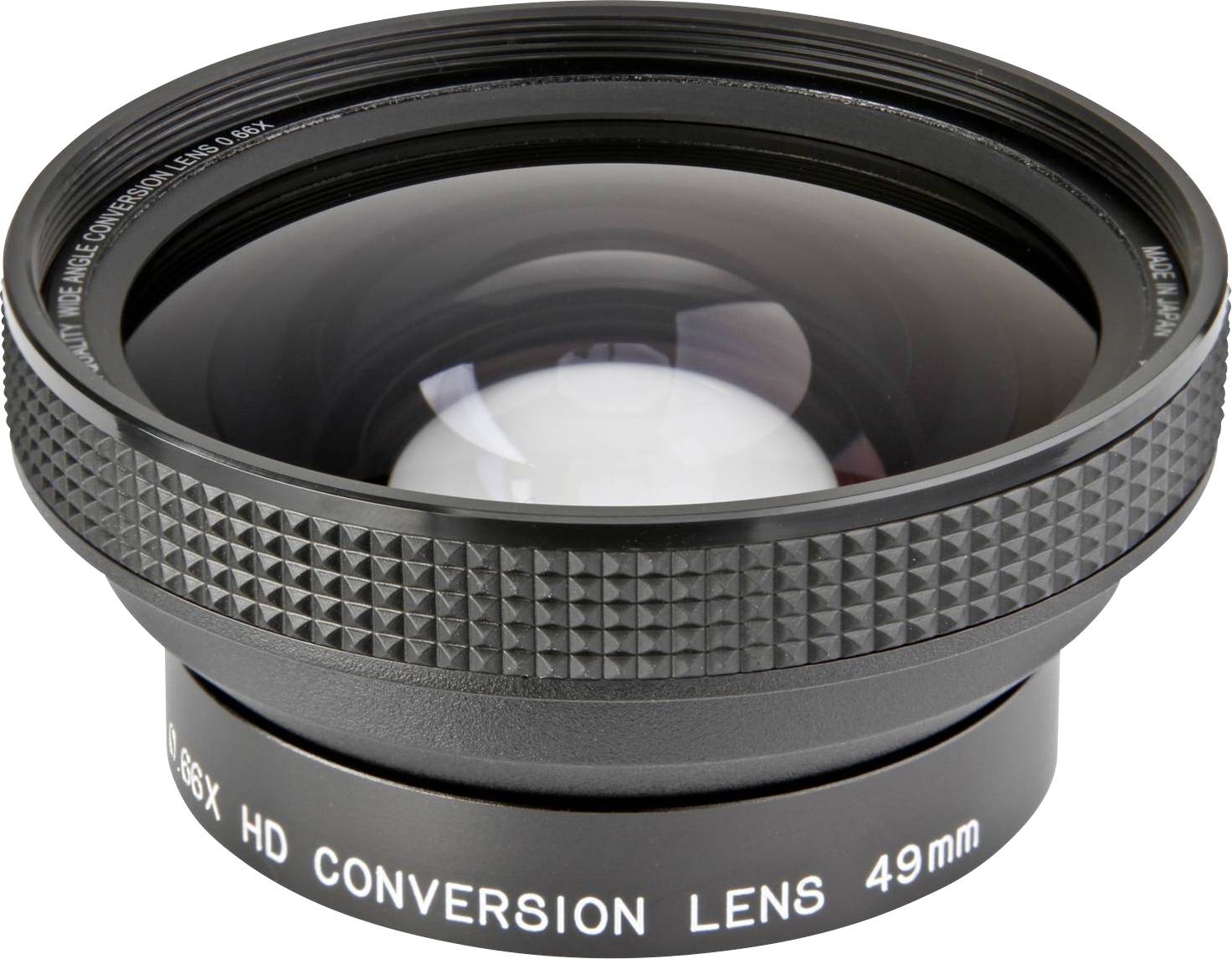 Širokoúhlý konverzní objektiv s nápisem '0,43× HD konverzní čočka 49 mm', vhodný pro fotoaparáty pro zvětšení obrazu.