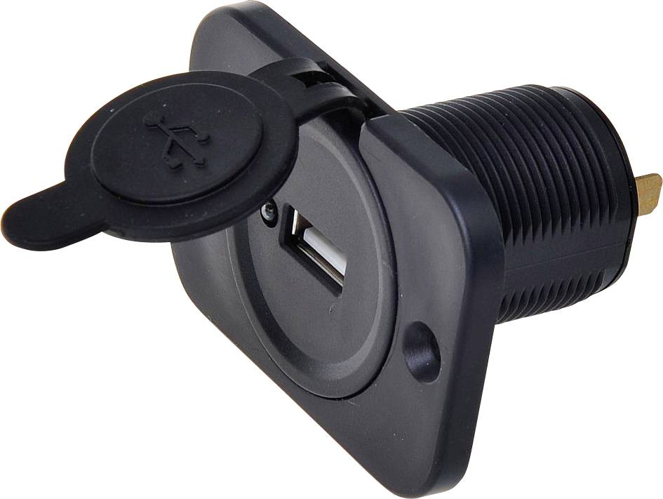 USB konektor s černým krytem určený pro vestavbu, vhodný pro napájení nebo přenos dat.