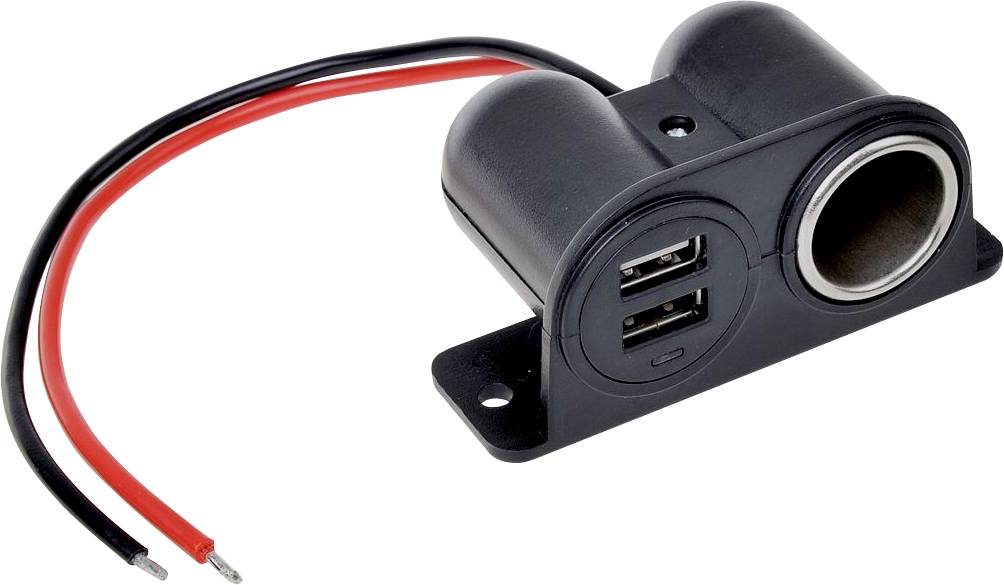 Černý adaptér se dvěma USB porty a jedním vstupem pro zapalovač, připevněný ke dvěma kabelům: červenému a černému.