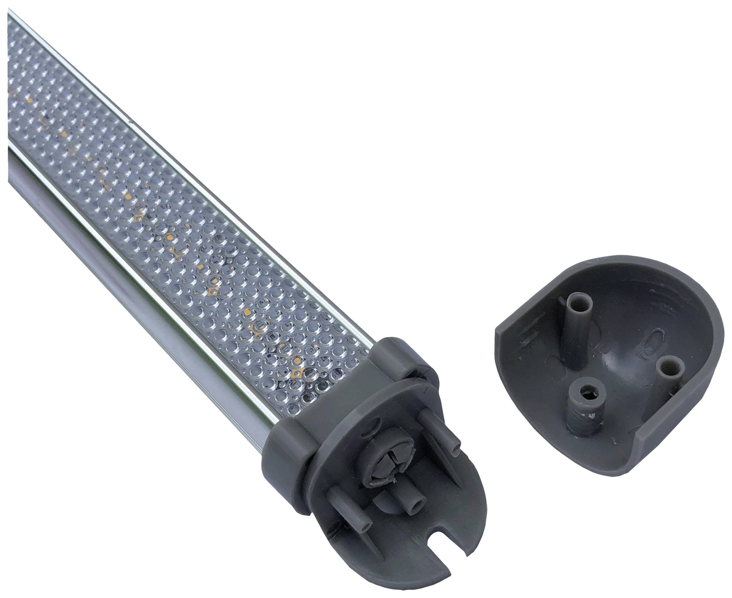 LED pásek s demontovanou koncovou krytkou, který odhaluje diody a pouzdro. Ideální pro osvětlovací řešení.