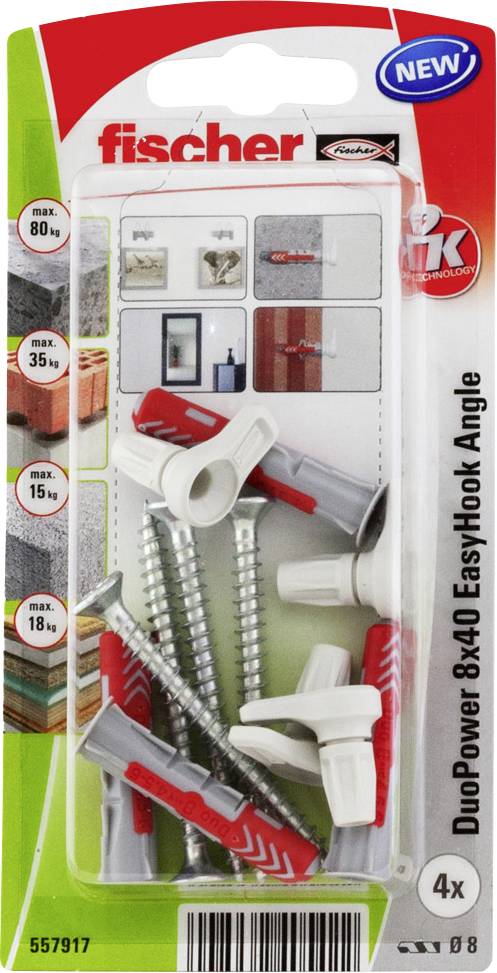 Balení obsahuje Fischer Duopower 8x40 EasyHook sadu hmoždinek v úhlovém provedení. Obsahuje čtyři hmoždinky a šrouby vhodné pro různé zatížení až do 80 kg.