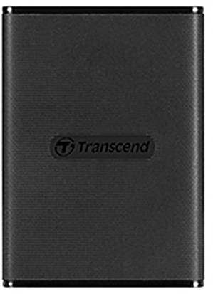 Černý externí hard disk s logem 'Transcend' uprostřed.