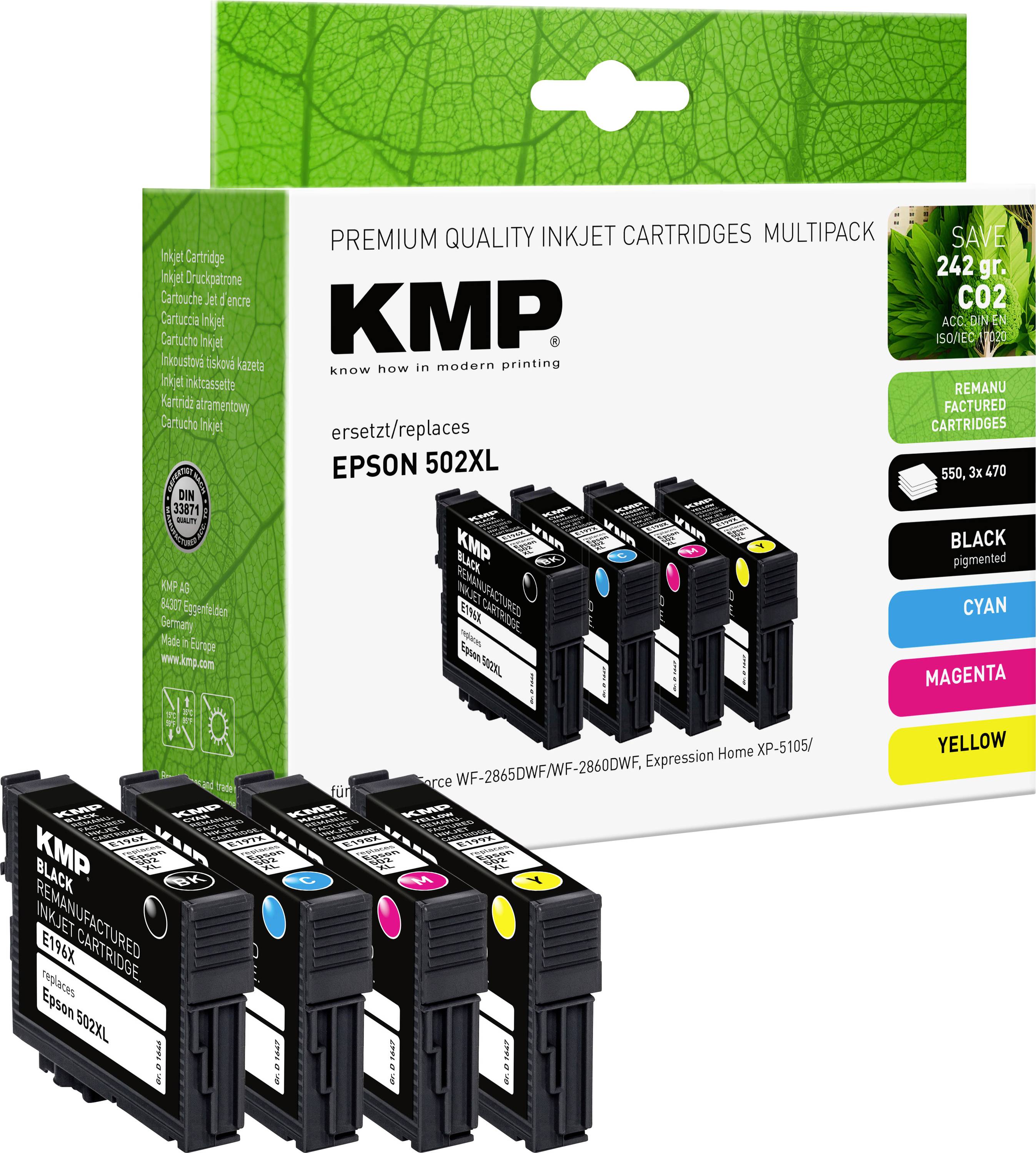 Multipack prémiových inkoustových kazet KMP vysoké kvality pro tiskárny Epson 502XL, obsahující černou, azurovou, purpurovou a žlutou kazetu.