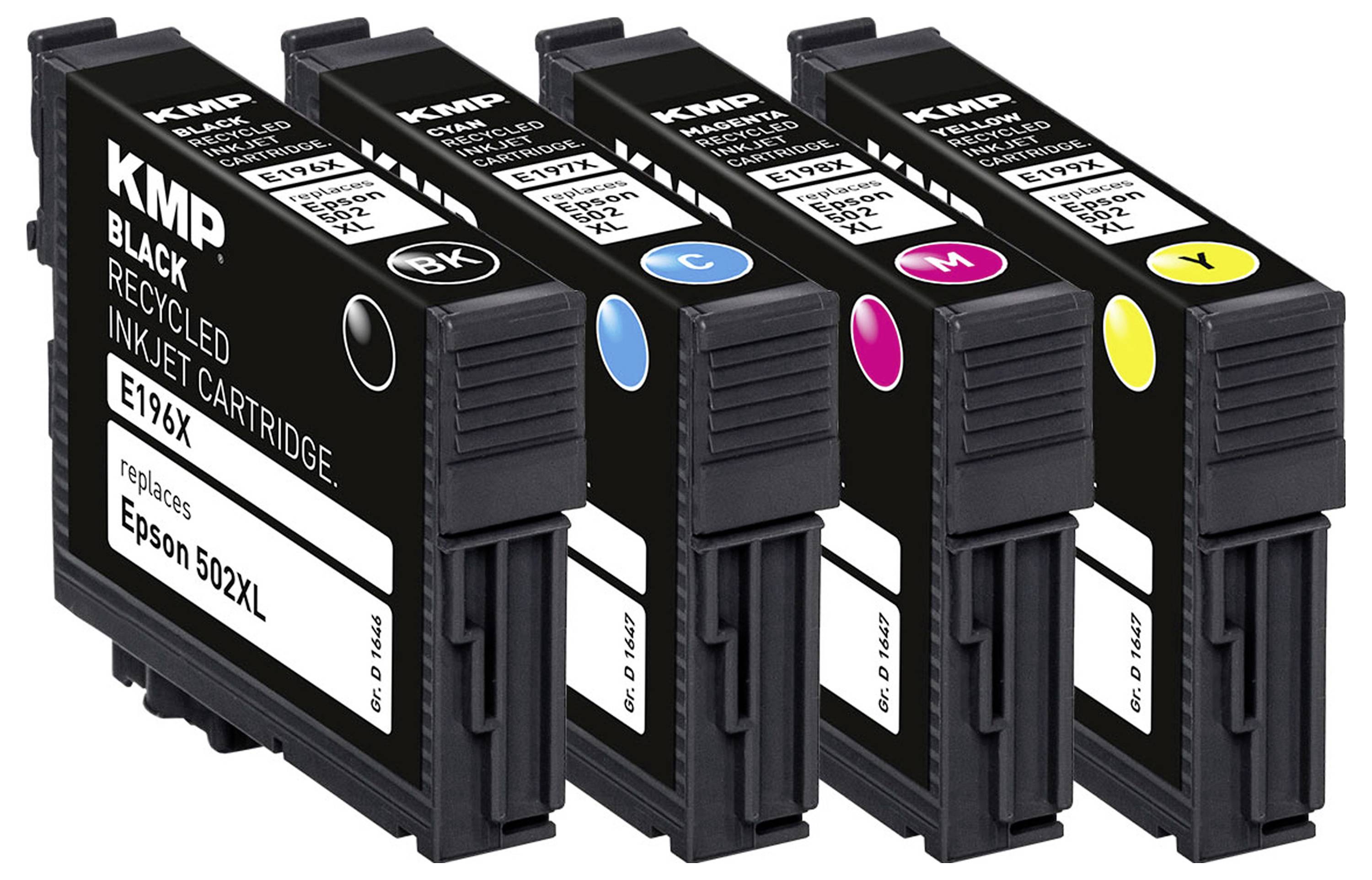 Čtyři inkoustové kazety v černé, azurové, purpurové a žluté barvě. Černá kazeta je označena nápisem 'KMP Black Recycled Inkjet Cartridge E196'.