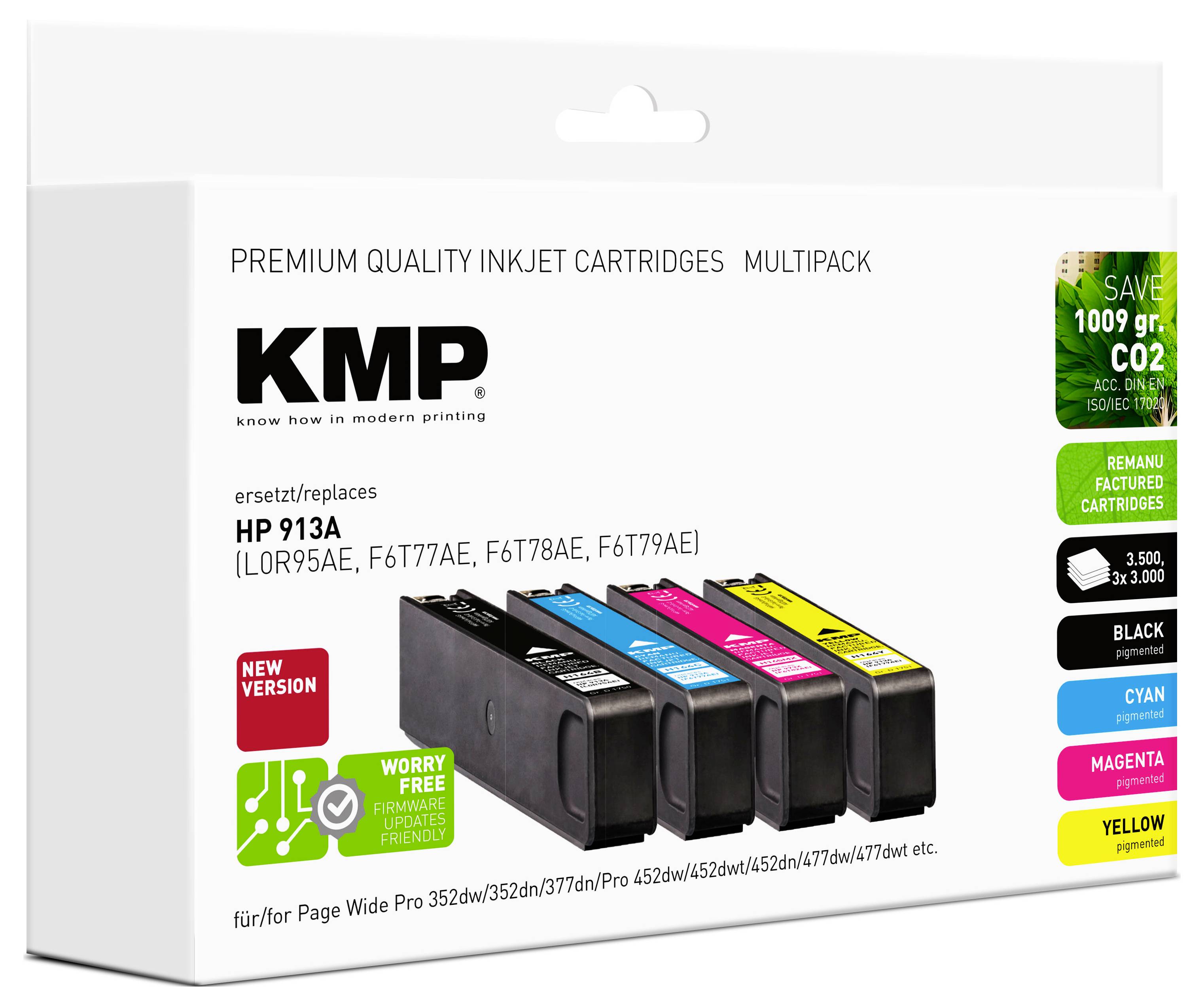 KMP prémiové inkoustové kazety multipack, náhrada za HP 913A. Obsahuje černou, azurovou, purpurovou a žlutou kazetu. Nová verze.