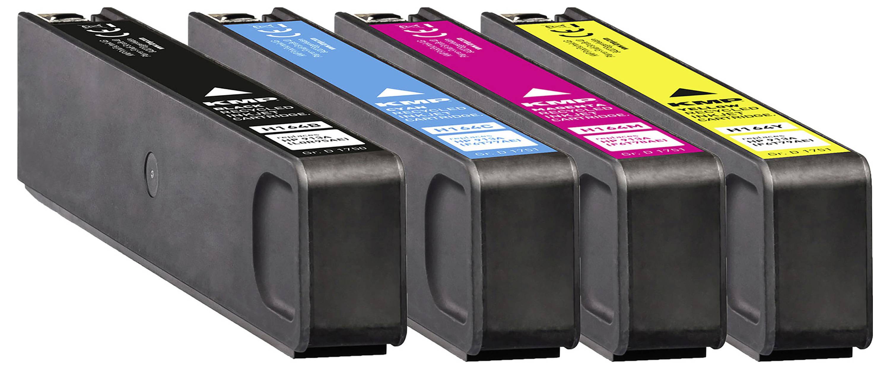 Čtyři inkoustové kazety v černé, azurové, purpurové a žluté barvě jsou vyrovnány vedle sebe, což ukazuje standardní sadu inkoustů CMYK.