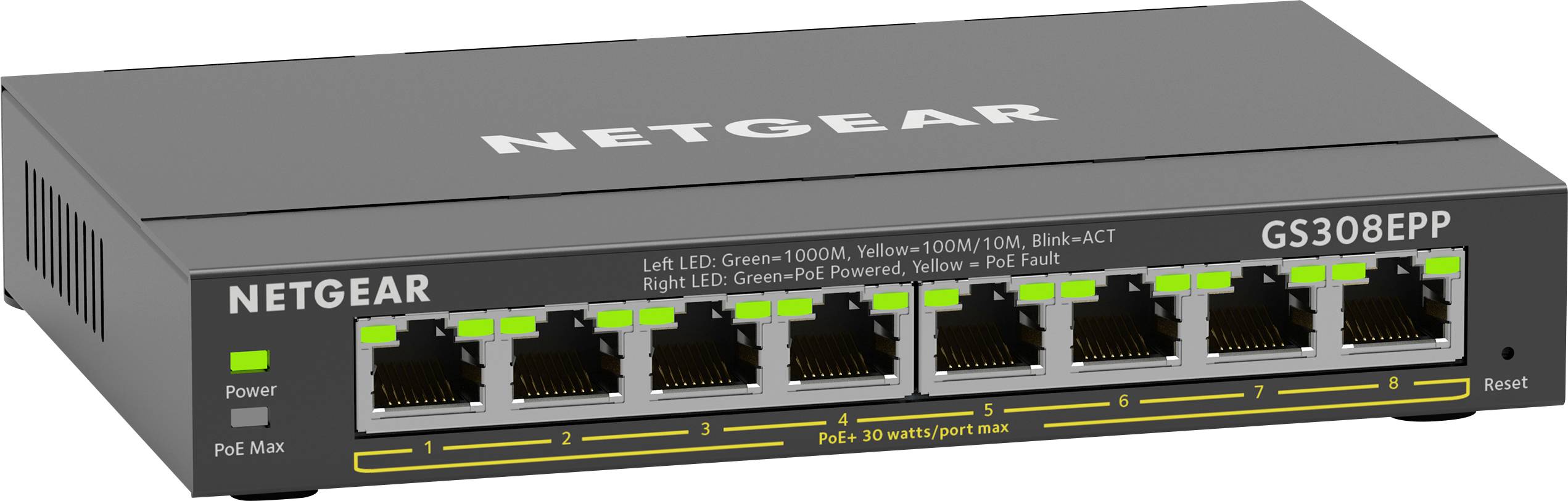 Síťový switch NETGEAR, model GS308EPP, s osmi ethernetovými porty a LED diodami pro indikaci napájení a stavu připojení.