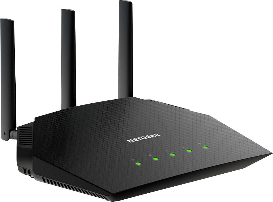 Černý Wi-Fi router se třemi anténami a čtyřmi zelenými kontrolkami na přední straně, které indikují provozní stav.