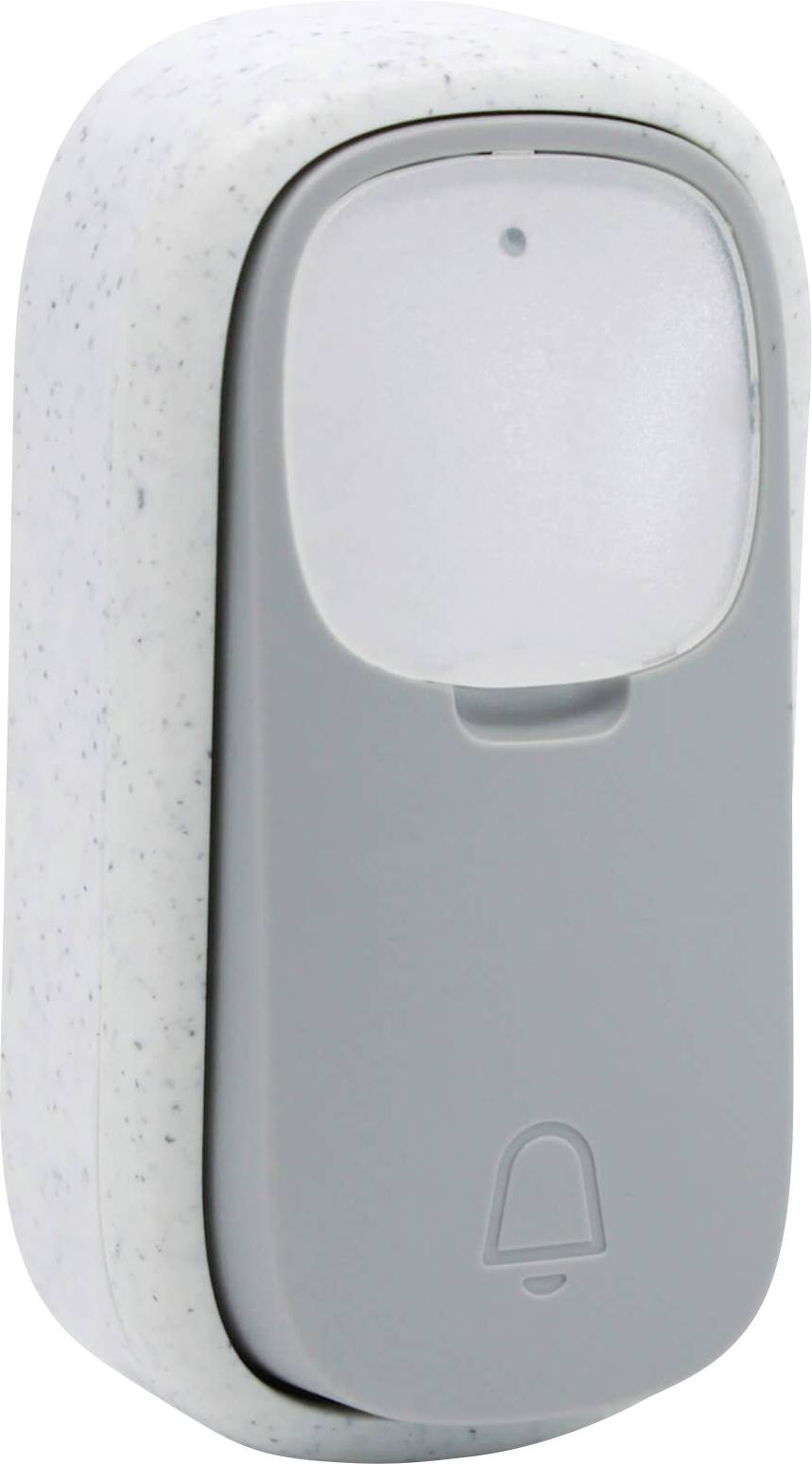 Dveřní zvonek s šedým plastovým krytem a zaoblenými hranami.