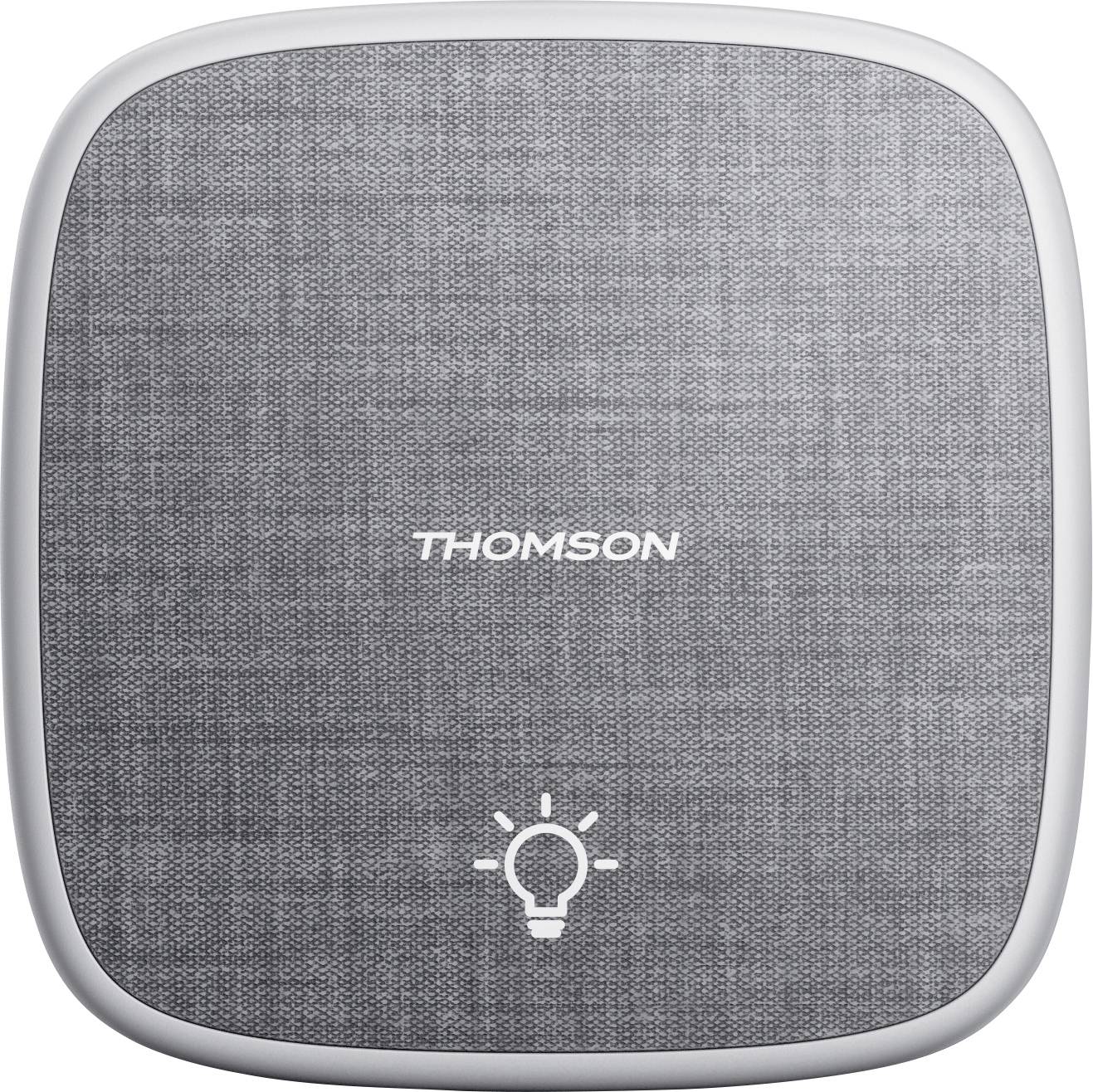 Šedý čtvercový Wi-Fi přepínač od společnosti Thomson s osvětleným symbolem dole. Povrchová struktura připomíná textilii.
