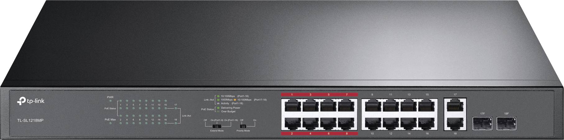 Černý síťový switch s 16 porty vpředu, LED indikátory a logem TP-Link vlevo nahoře, model TL-SG1016MP.