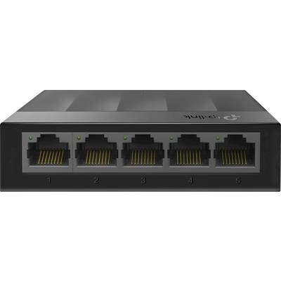 Černý síťový switch s pěti ethernetovými porty, očíslovanými od 1 do 5, všechny vybavené zelenými LED indikátory.
