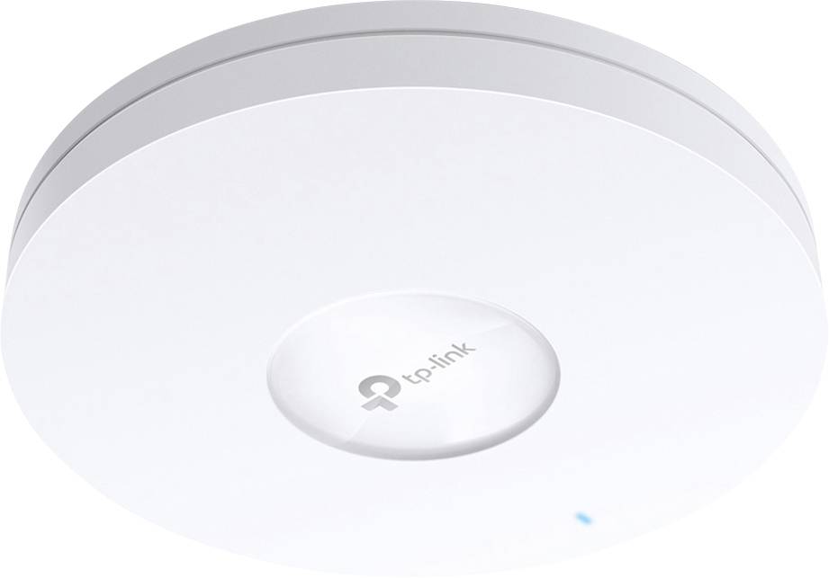 Bílý kulatý přístupový bod WLAN od TP-Link s malou modrou indikační kontrolkou, vhodný pro montáž na strop.