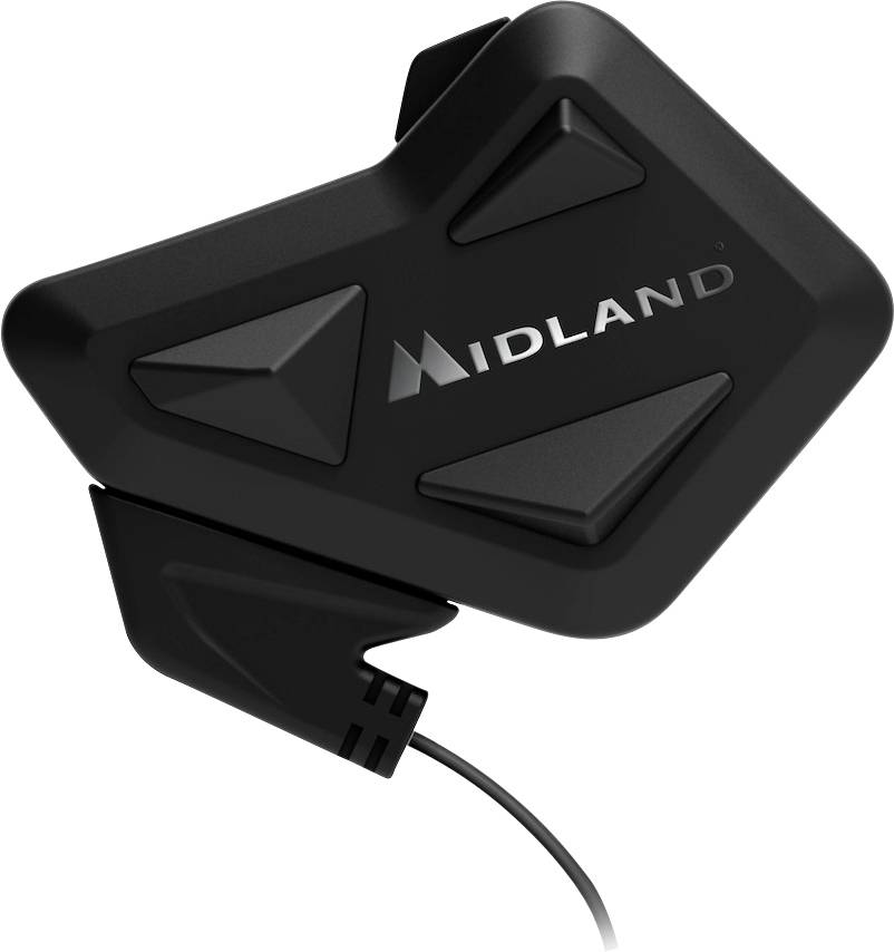 Midland motocyklová interkomová souprava. Černé trojúhelníkové pouzdro s kabelovým připojením dole. Název značky 'Midland' v stříbrné barvě.