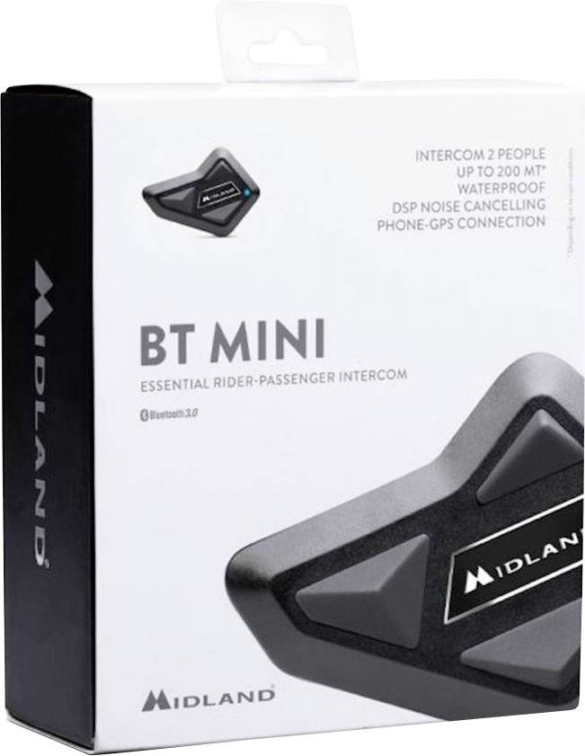 Midland BT Mini interkomový set, zobrazuje komunikační zařízení pro motocyklisty. Funkce: dosah až 200 m, vodotěsné, potlačení hluku, Bluetooth 3.0.