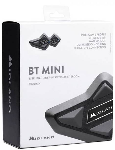 Balení Midland BT Mini, voděodolné komunikační soupravy pro řidiče a spolujezdce, s technologií Bluetooth 3.0 a potlačením hluku.