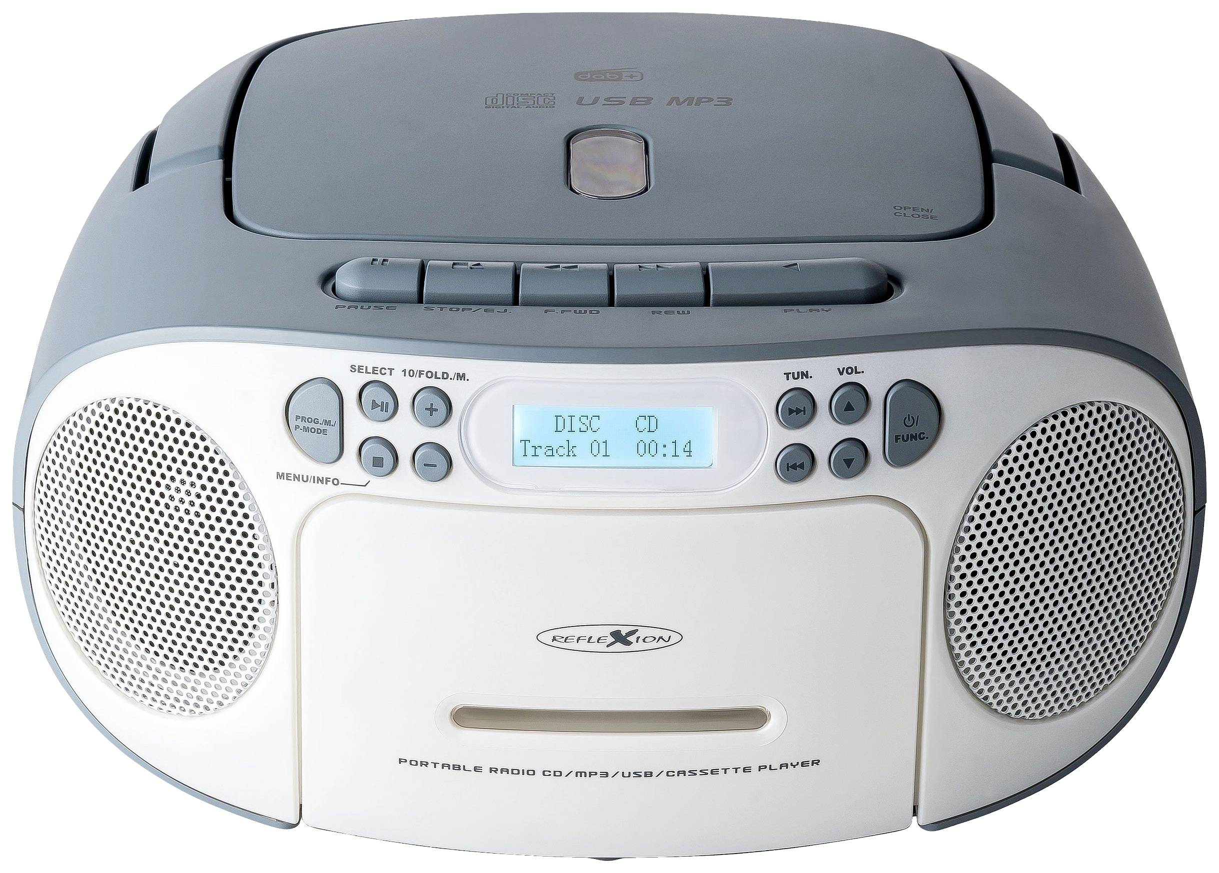 Šedý a bílý přenosný rádio-CD přehrávač s USB a kazetovým magnetofonem. Digitální displej zobrazuje 'DISC CD Stopa 01 00:14'.
