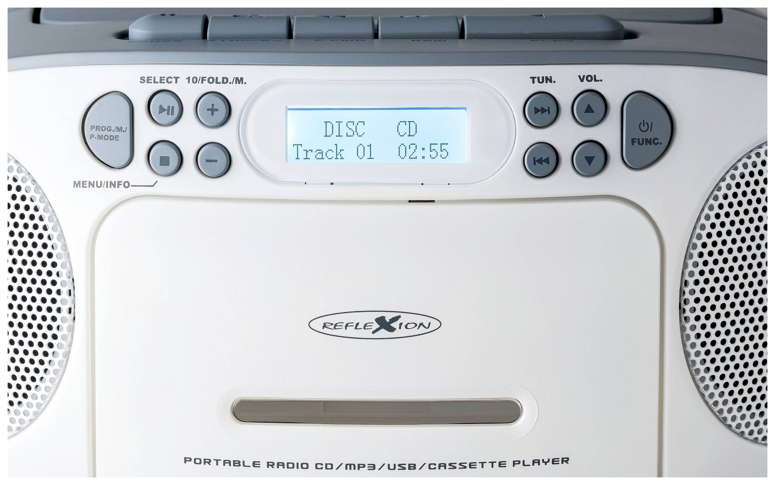 Přenosný rádio/MP3/USB/kazetový přehrávač s LCD displejem zobrazuje 'DISC CD Track 01 02:55'. Reproduktory vlevo a vpravo.