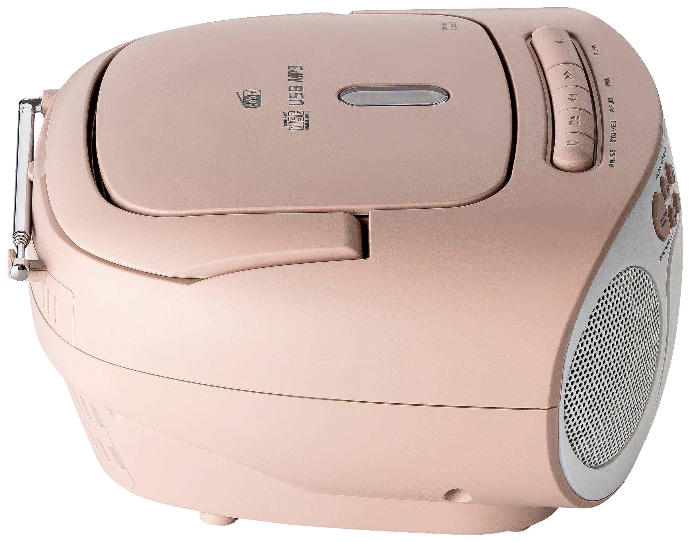 Přenosný CD přehrávač v růžové barvě, vybavený USB a MP3 funkcemi, s integrovanými reproduktory a ovládacími tlačítky na horní straně.