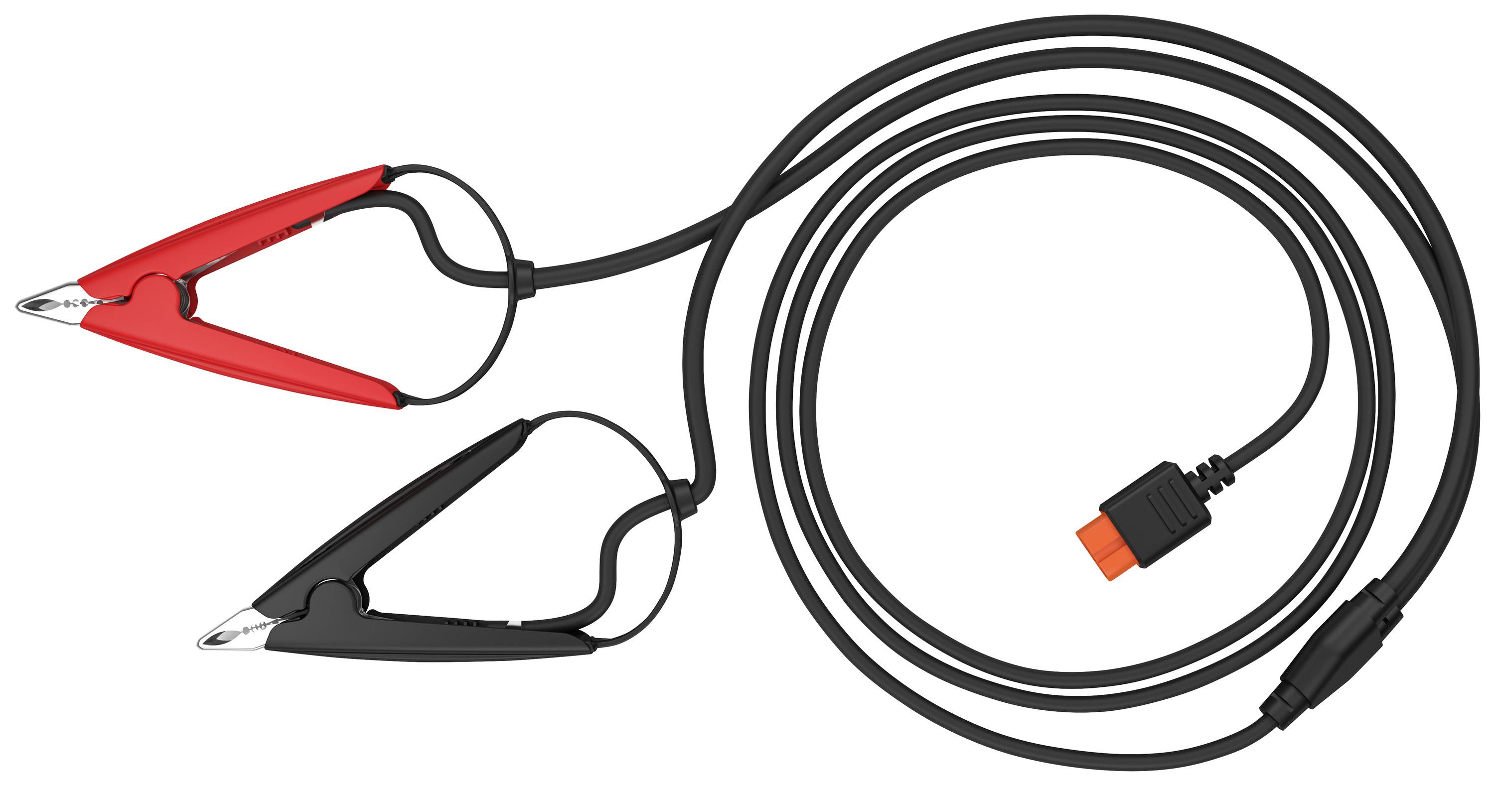 Startovací kabel s červenými a černými svorkami, propojené dlouhým černým vodičem, používané pro autobaterie.