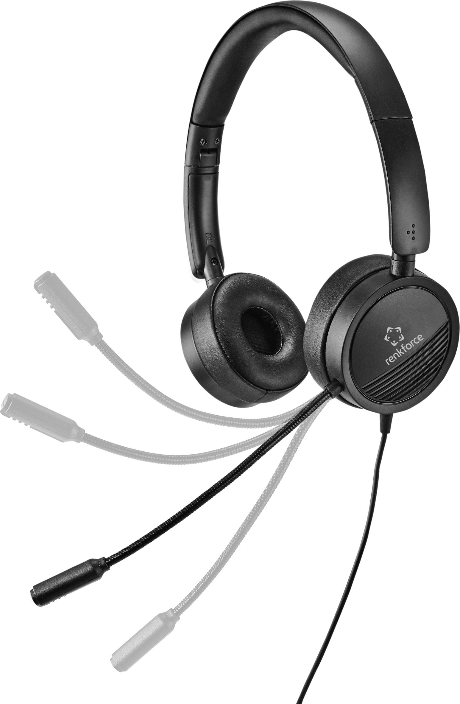 Černá náhlavní souprava s několika výměnnými mikrofonovými rameny, vhodná pro různé požadavky na audio a pohodlí.