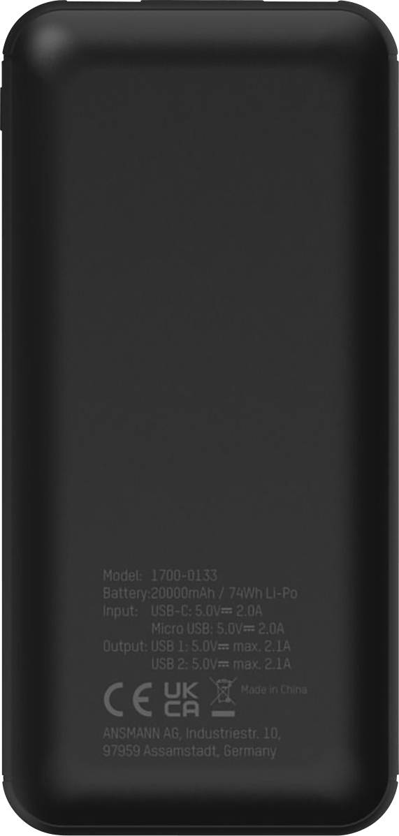 Černá powerbanka s kapacitou 10000 mAh a dvěma USB výstupy. Značkové logo a technické údaje na přední straně.