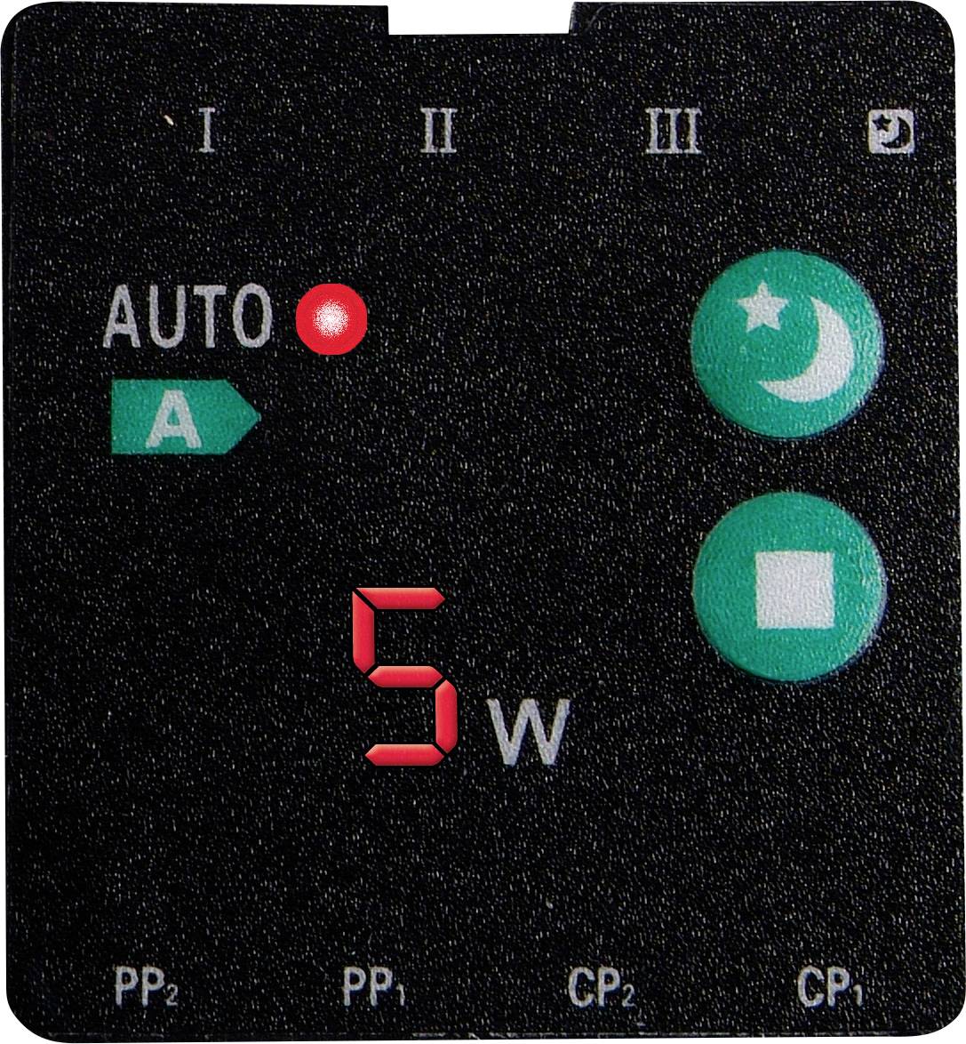 Digitální displej s nápisem 'AUTO A' a červeným světelným indikátorem, '5 W' v červené barvě. Zelená tlačítka s měsíčním symbolem a čtvercem.