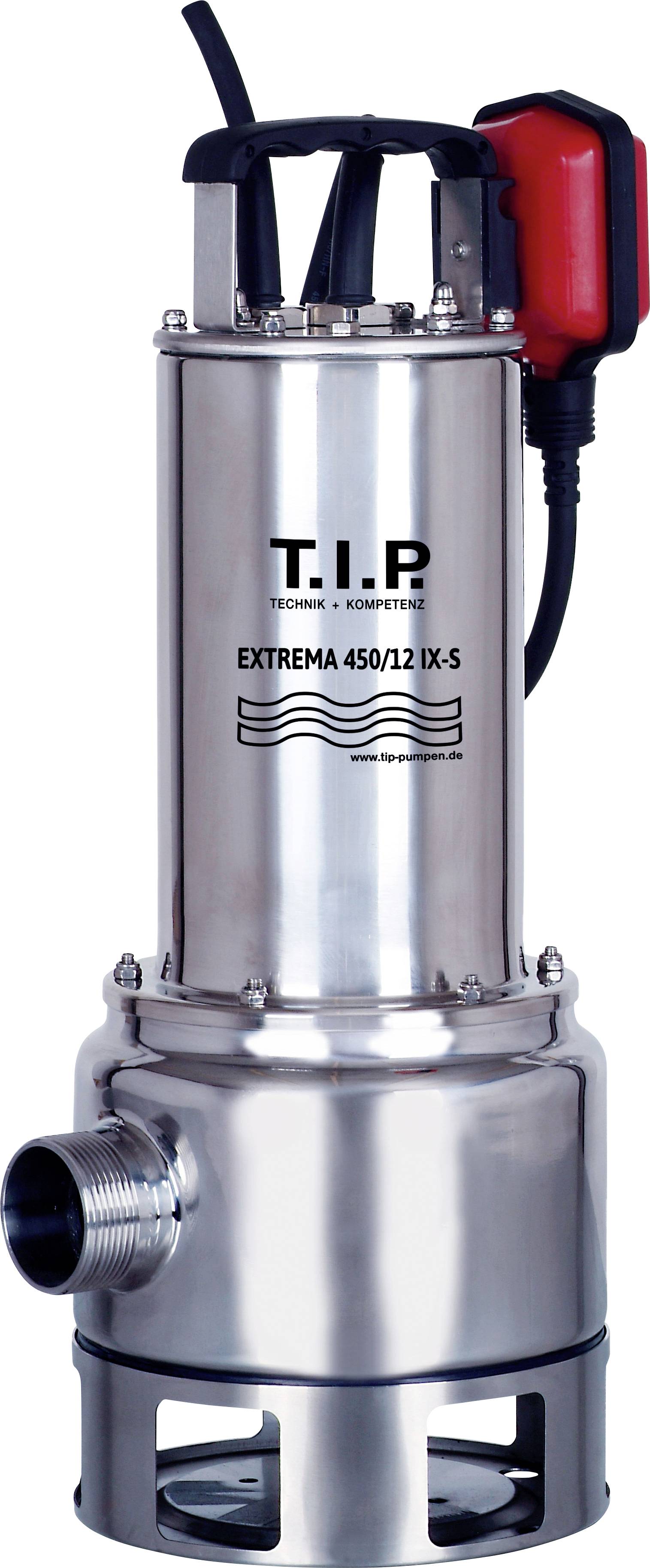 Nerezové ponorné čerpadlo značky T.I.P., model 'Extrema 450/12 IX-S', vhodné pro znečištěnou vodu, robustní konstrukce s červeným spínačem.