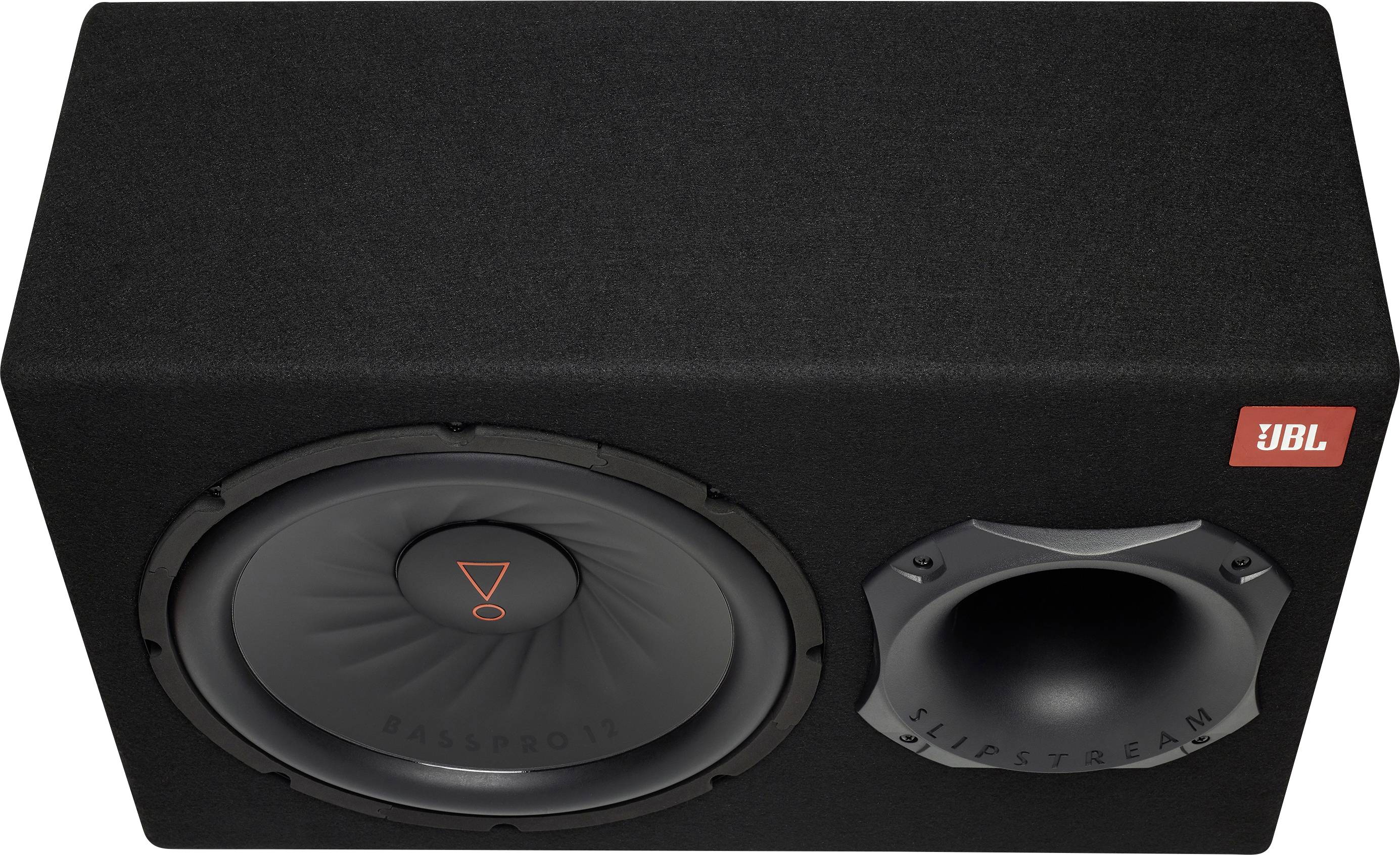 Reproduktor JBL se subwooferem v obdélníkovém pouzdře. Vlevo subwoofer, vpravo basový reflex.