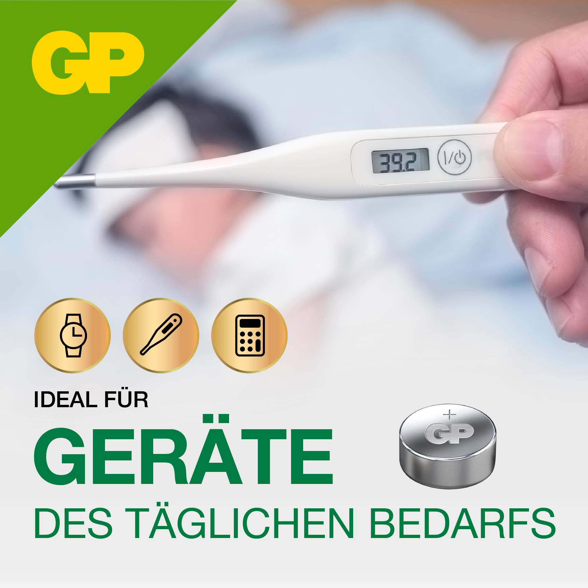 Reklamní inzerát na baterii GP s textem 'Dlouhodobá energie': Udržuje výkon při skladování až 3 roky, článek 1,5V na černém pozadí.