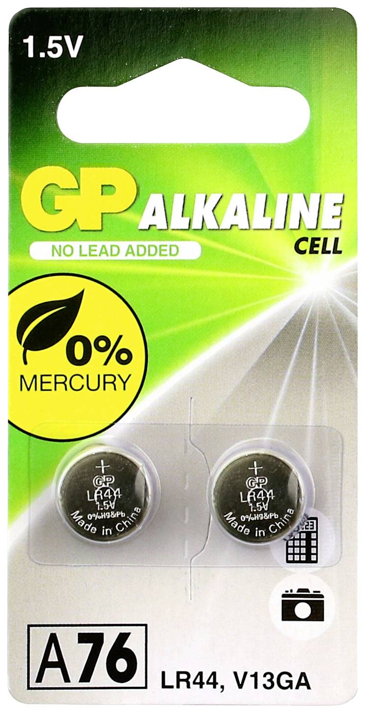 'Dvě alkalické knoflíkové baterie GP, typ LR44 (A76, V13GA), 1,5V, na kartě balení s upozorněním: Bez obsahu rtuti, bez olova.'