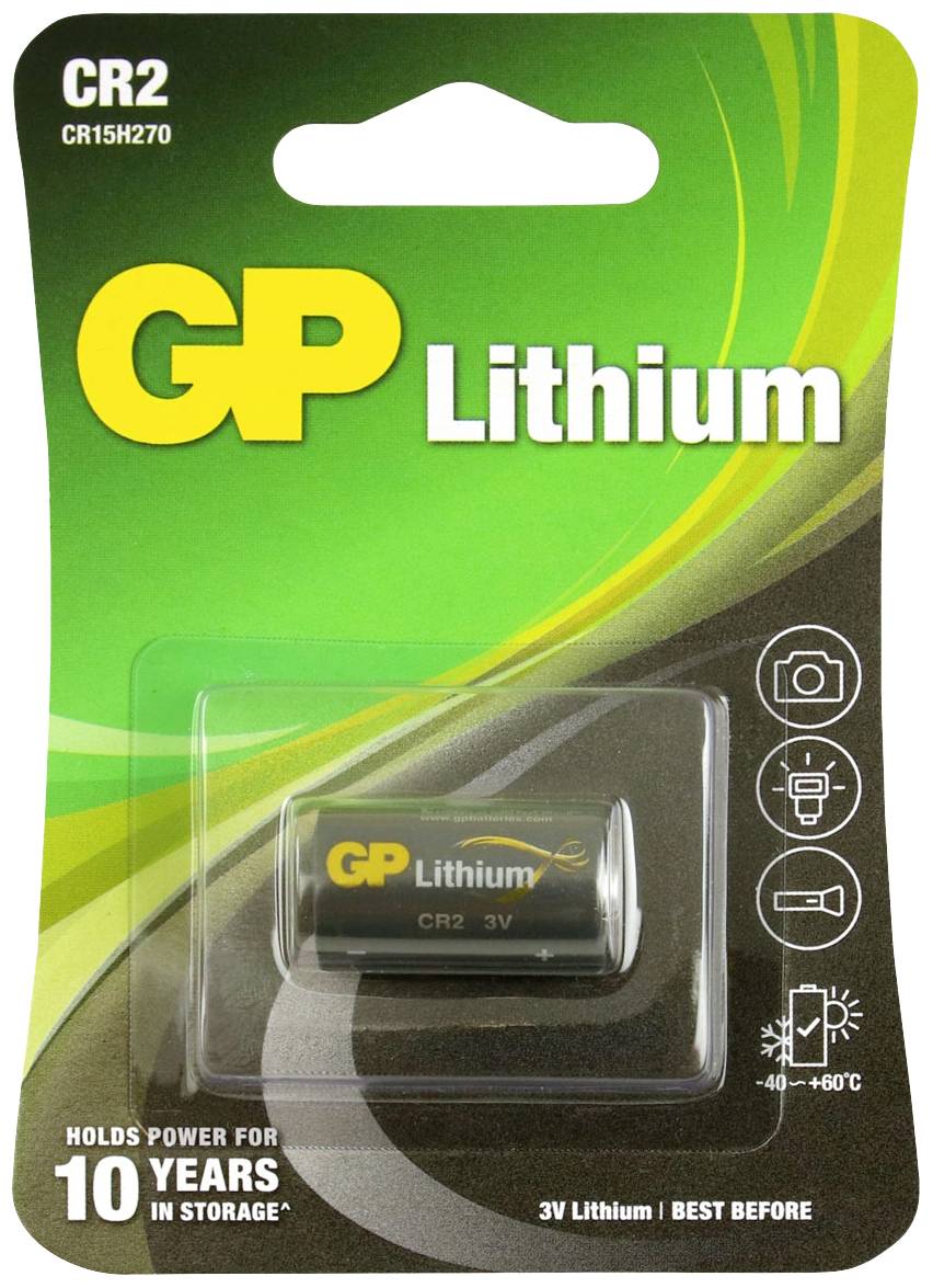 Lithiová baterie GP Lithium CR2 v obalu. Poskytuje 3V a slibuje dobu skladovatelnosti až 10 let.