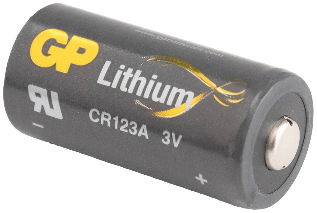 Lithiová baterie značky GP, typ CR123A, 3V, na bílém pozadí.