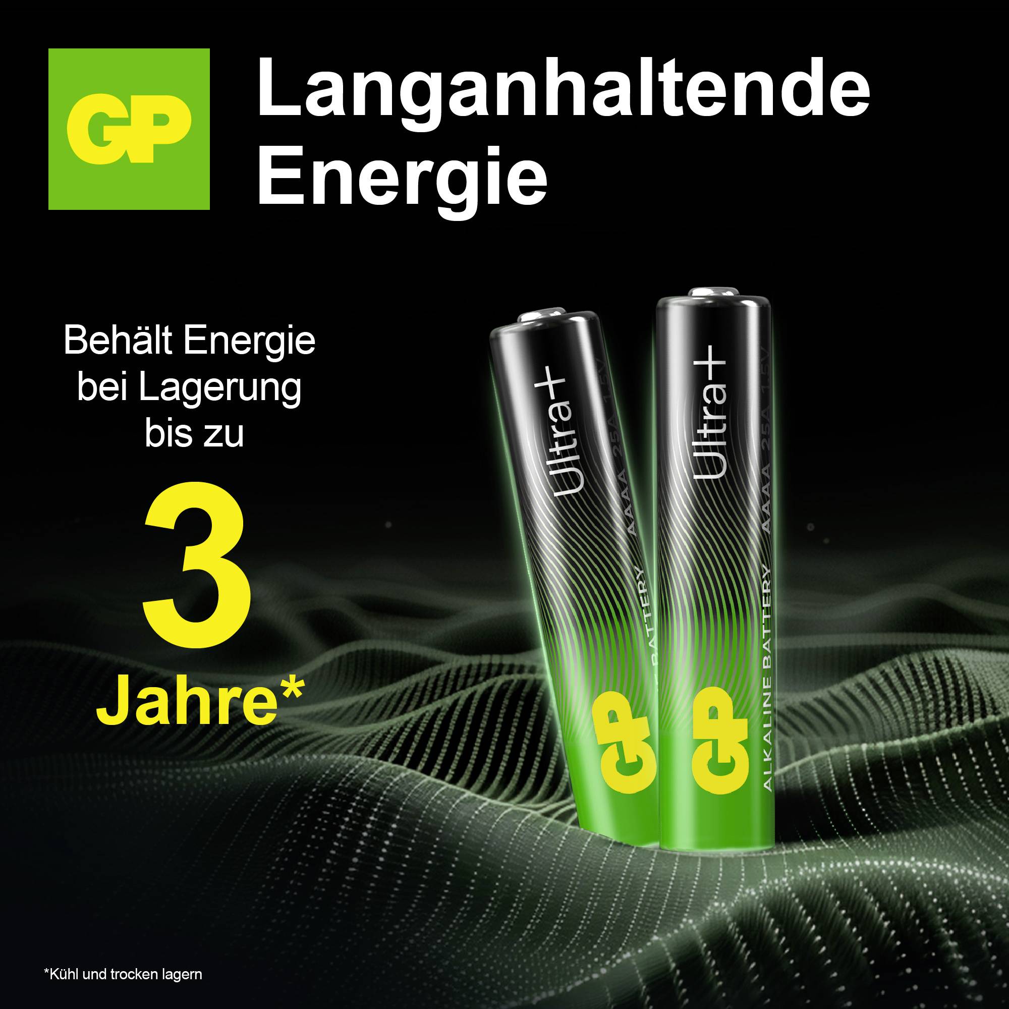 Reklamní grafika pro baterie GP Ultra+: 'Dlouhotrvající energie', udržuje energii při skladování až 3 roky při chladném a suchém skladování.