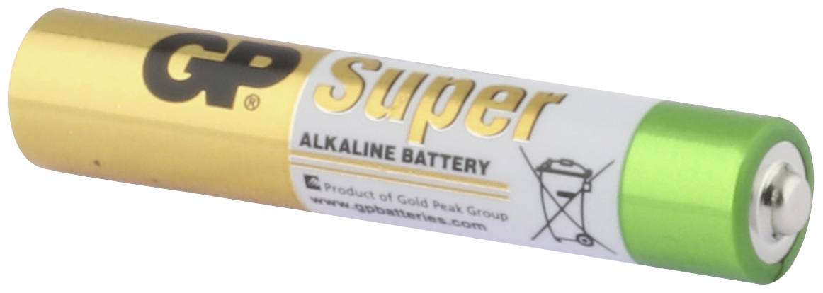 Zlatě zelená AAA baterie značky GP Super Alkaline Battery, položená na boku, pohled z boku.