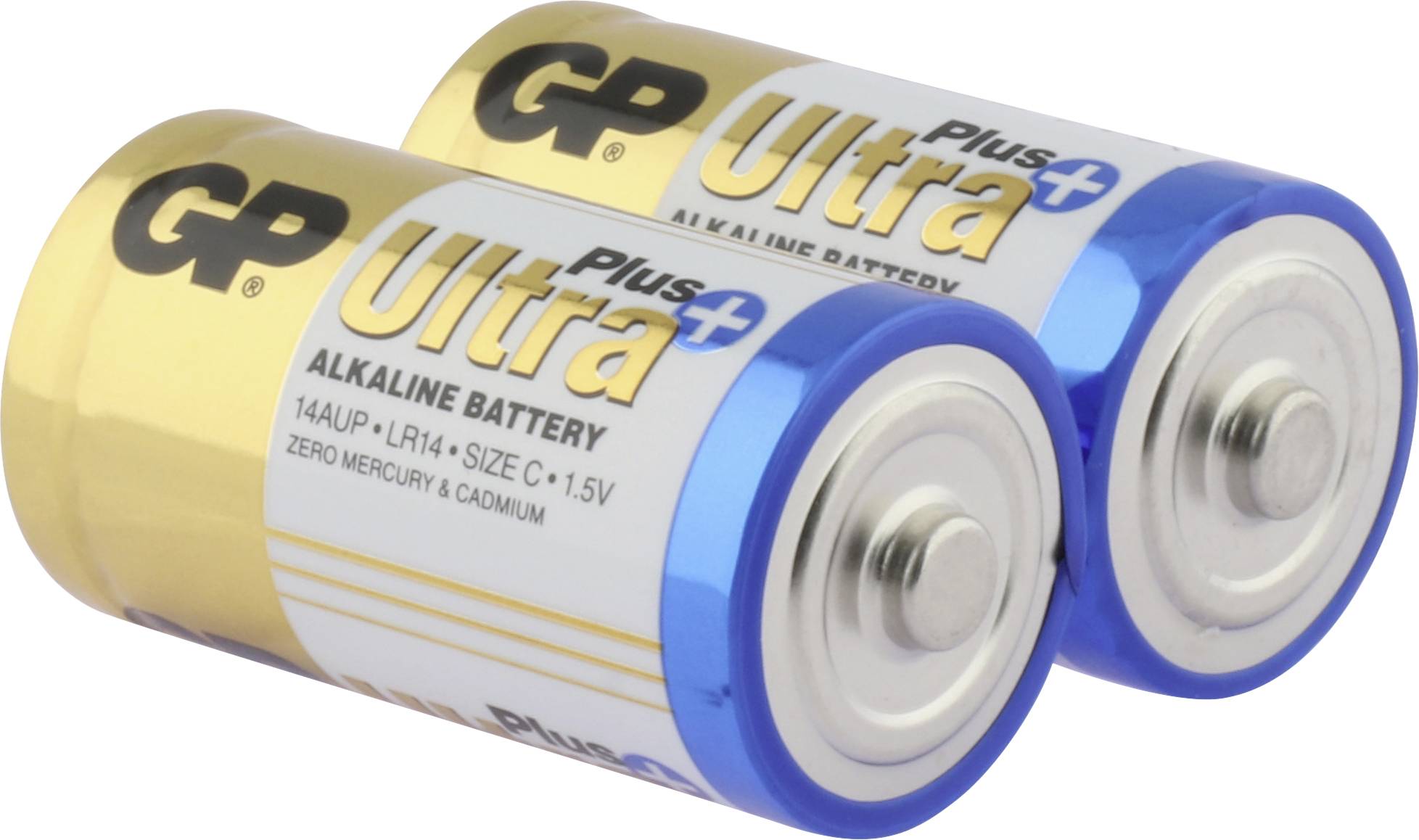 Dvě válcové baterie značky 'GP Ultra Plus', typ Alkaline, velikost C, 1,5V, v černo-zlatém obalu na bílém pozadí.