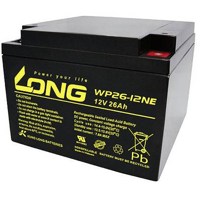 Černá 12V 26Ah olověná akumulátorová baterie s žlutým logem 'POWER YOUR LIFE' a 'LONG'. Vytištěny výstražné upozornění a technické detaily.
