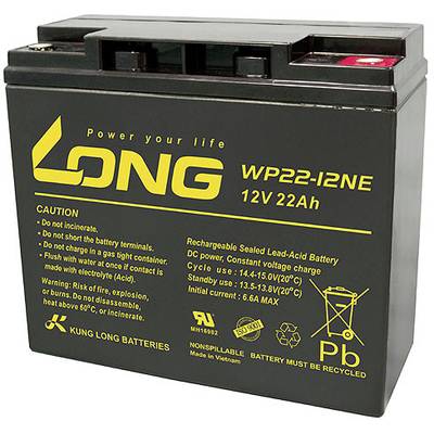 Akumulátor 'LONG WP22-12NE', 12V 22Ah, bezúdržbová AGM technologie, vhodný pro konstantní vybíjení. Výrobce: Kung Long Batteries.
