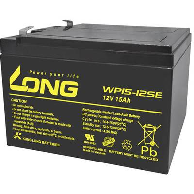 Obdélníkový, dobíjecí olověný akumulátor se žlutým nápisem: 'LONG', model WP15-12SE, 12V 15Ah.
