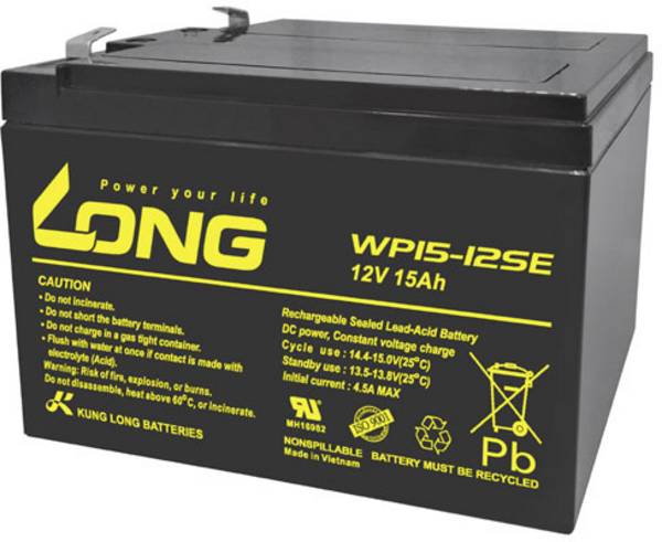 Long WP15-12SE WP15-12SE olověný akumulátor 12 V 15 Ah olověný se skelným rounem (š x v x h) 151 x 103 x 99 mm plochý konektor 6,35 mm odolné proti více cyklům, nepatrné vybíjení, bezúdržbové