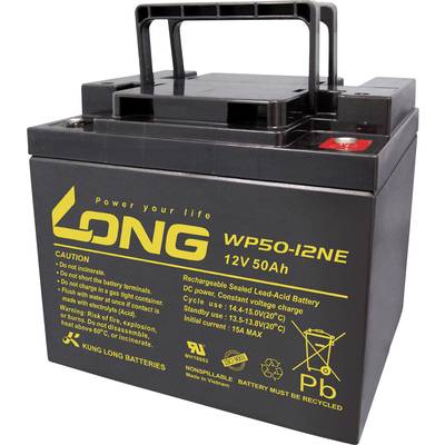 Dobíjecí olověný akumulátor značky Long, model WP50-12NE, 12V, 50Ah, s výstražnými upozorněními a symboly na přední straně.