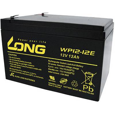Černý 12V 12Ah olověný akumulátor s žlutým nápisem 'LONG'. Obsahuje bezpečnostní pokyny a symboly pro recyklaci.