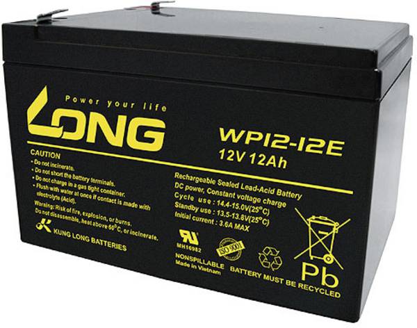 Long WP12-12E WP12-12E olověný akumulátor 12 V 12 Ah olověný se skelným rounem (š x v x h) 151 x 98 x 98 mm plochý konektor 6,35 mm odolné proti více cyklům, nepatrné vybíjení, bezúdržbové