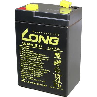 Olověný akumulátor s potiskem: 'Power your life'. Varování: Nepalte, nezpůsobujte zkrat, nepropustný. Výrobce: Kung Long Batteries.