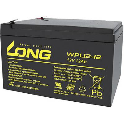 Černý akumulátor od značky Long s nápisem 'Power your life'. Kapacita: 12V, 12Ah. Varování a bezpečnostní informace jsou uvedeny na straně.