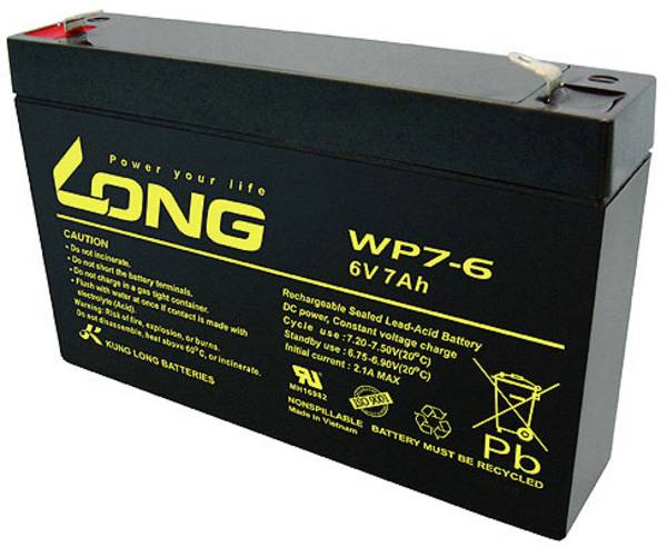 Long WP7-6 WP7-6 olověný akumulátor 6 V 7 Ah olověný se skelným rounem (š x v x h) 151 x 100 x 34 mm plochý konektor 4,8 mm nepatrné vybíjení, bezúdržbové