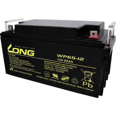 Dobíjecí olověný akumulátor 'WP65-12', 12V 65Ah, černý kryt, žlutý nápis. Výrobce: Kung Long Batteries.