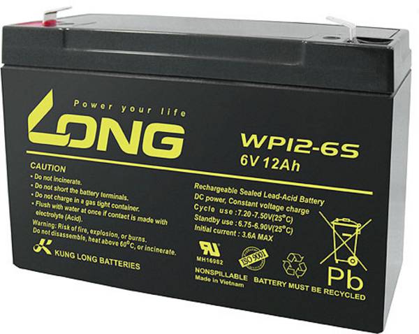Long WP12-6S WP12-6S olověný akumulátor 6 V 12 Ah olověný se skelným rounem (š x v x h) 151 x 99 x 50 mm plochý konektor 4,8 mm nepatrné vybíjení, bezúdržbové
