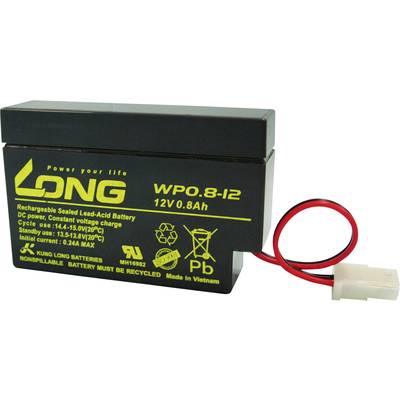 Dobíjecí olověný akumulátor s nápisem 'LONG WPO 8-12 12V 0.8Ah', s červenými vodiči, vhodný pro různá zařízení.