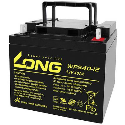 Olověný akumulátor s rukojetí; nápis 'Long WPS40-12, 12V 40Ah'. Bezpečnostní upozornění: Nevhazujte do ohně, nekontaminujte a nezpůsobujte zkrat.